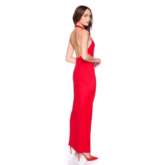 Susana Monaco Red Halter Low Back Slit Dress with Attached Bodysuit Lining NEW - Picture 3 of 8